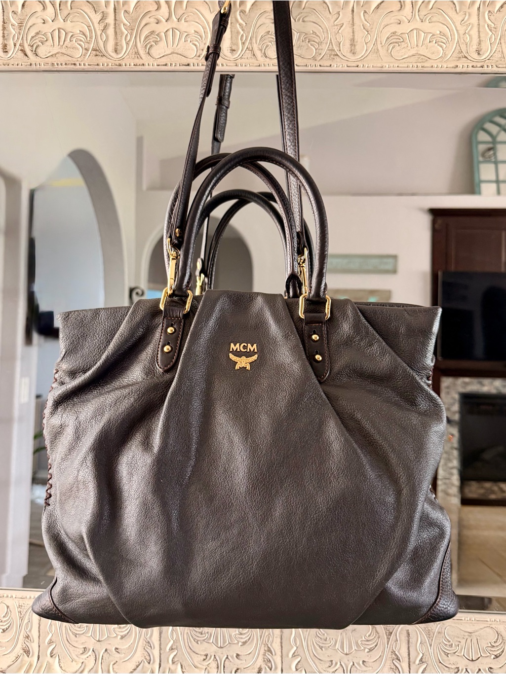 Mcm Leather Tote Bag Pleated Braided Whipstitch Side Satchel Crossbody 43080784